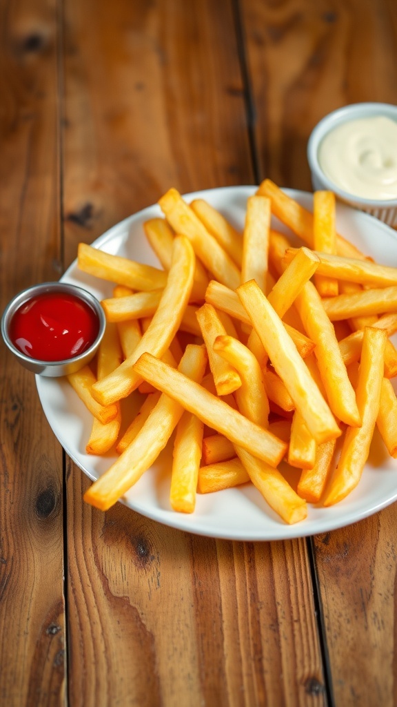 Crispy Air Fryer Frozen Fries Recipe A serving of crispy air fryer fries with ketchup and mayonnaise on a rustic wooden table.